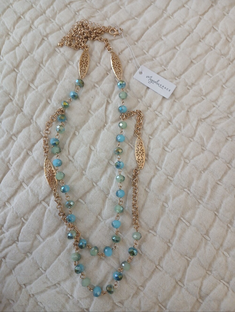 Magnolia Gold-tone Layered Necklace with Aqua and Seafoam Beads